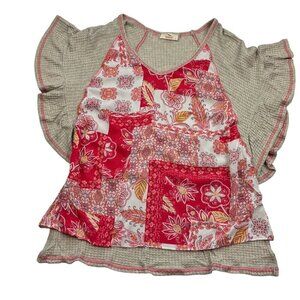 Hummingbird Boho Mixed Media Flutter Sleeve Top Women's Size Medium